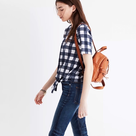 Madewell Navy & White Plaid Cotton Button-Back Tie Top Size XL - Picture 3 of 10